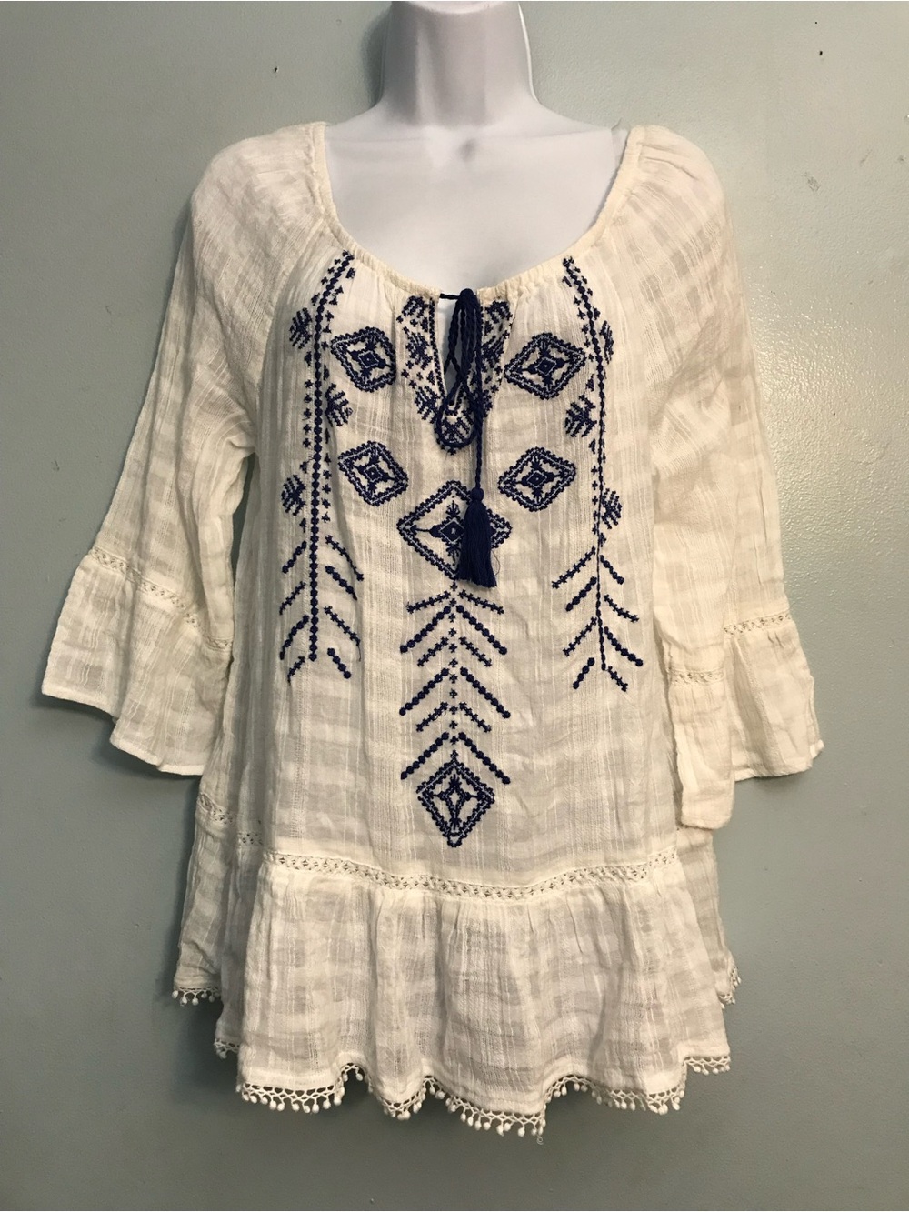 Vintage America Blues Women's White Embroidered Peasant Tunic Navy Size L NWT